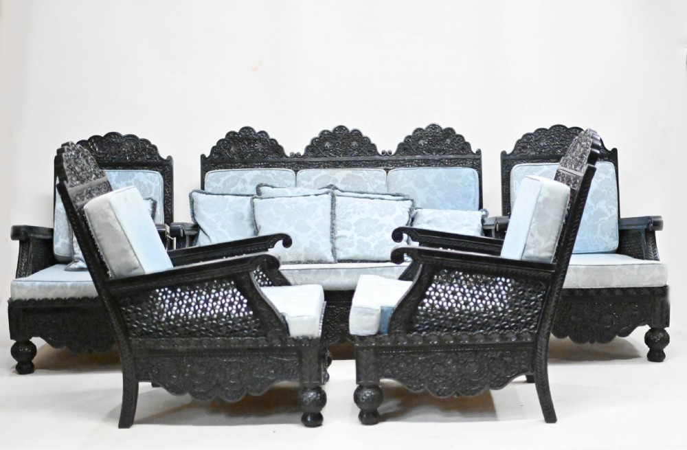 Colonial Settee Arm Chairs Antique India 3 Piece Suite Padauk Wood View II