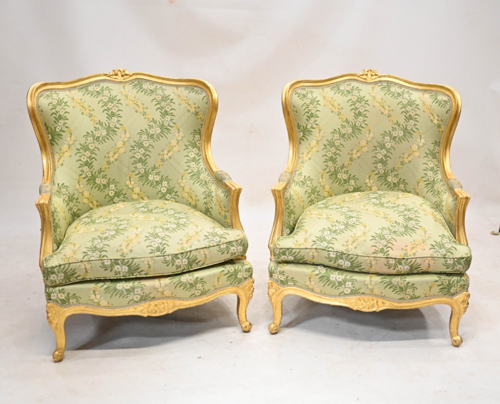 Pair Gilt Arm Chairs French Fauteuils 1920 Tub
