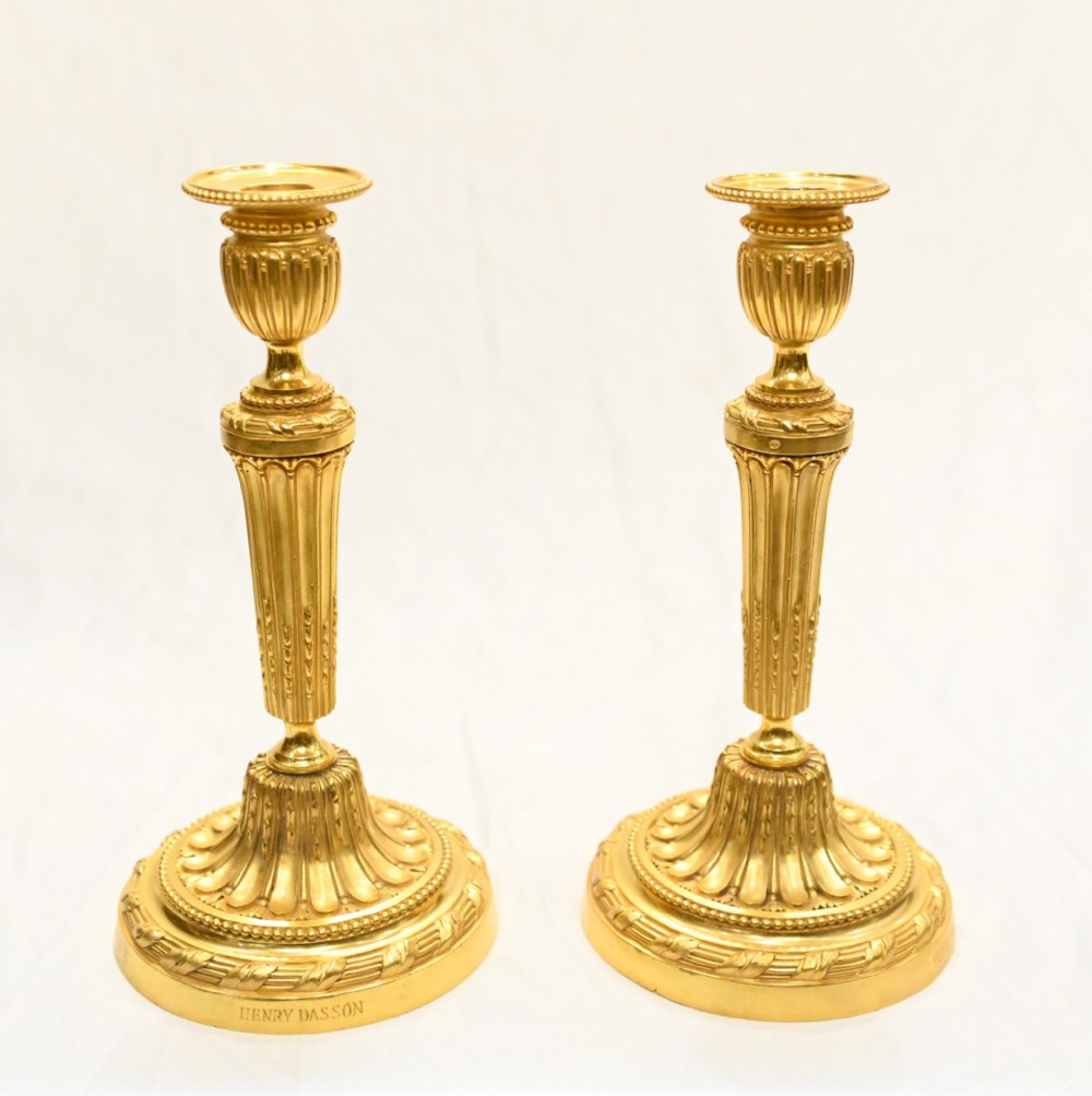 Pair Ormolu Candlesticks Signed Henry Dasson Gilt Candelabra 1880