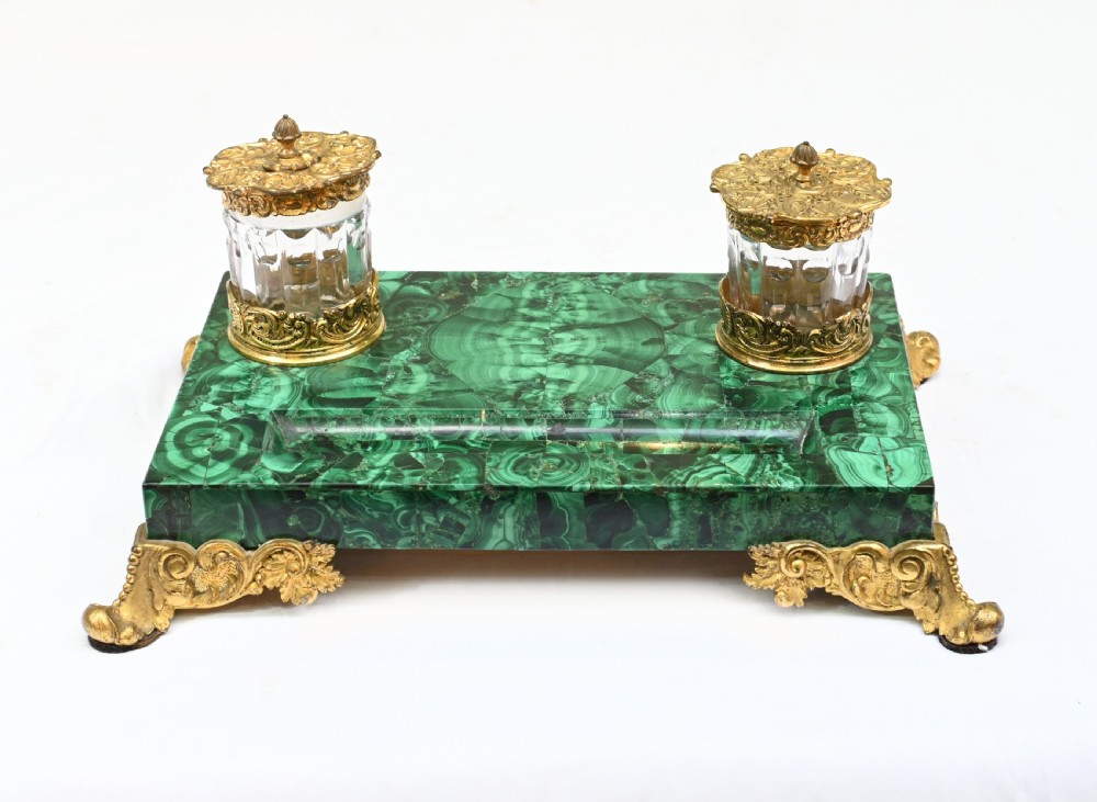 Antique Malachite Inkwell Desk Set French Inkstand