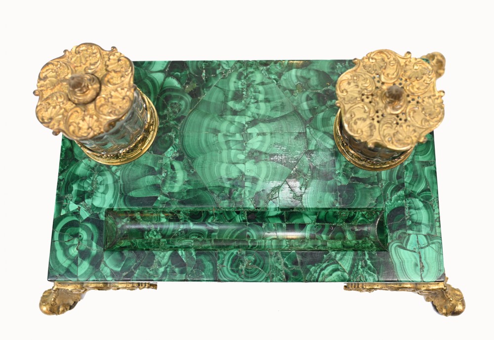 Antique Malachite Inkwell Desk Set French Inkstand View V
