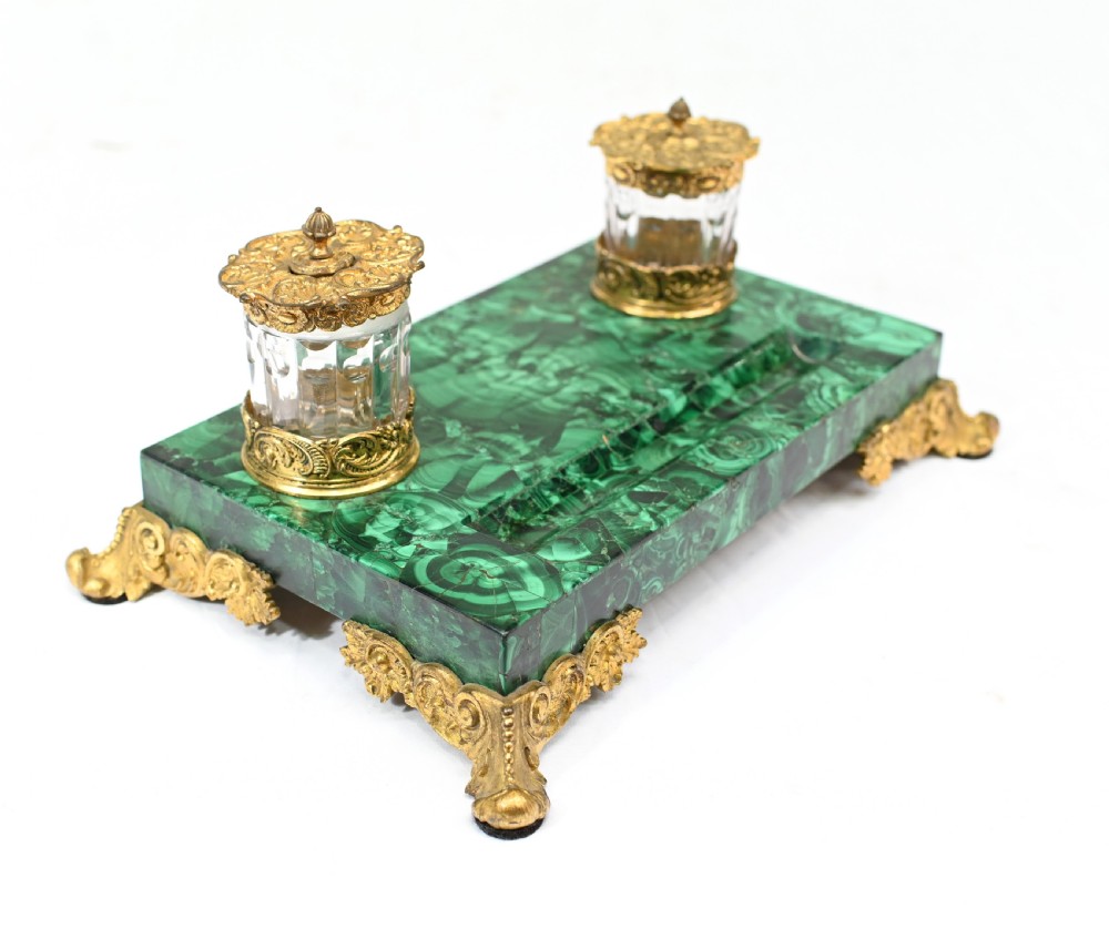Antique Malachite Inkwell Desk Set French Inkstand View VIII