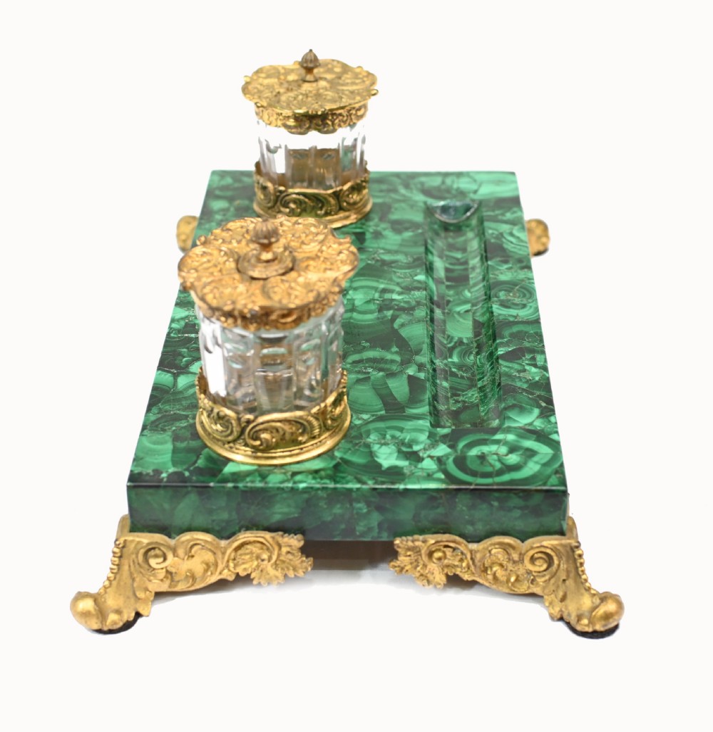 Antique Malachite Inkwell Desk Set French Inkstand View IX