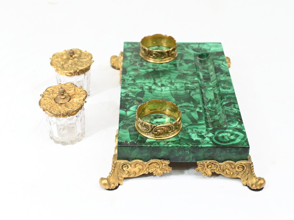 Antique Malachite Inkwell Desk Set French Inkstand View X