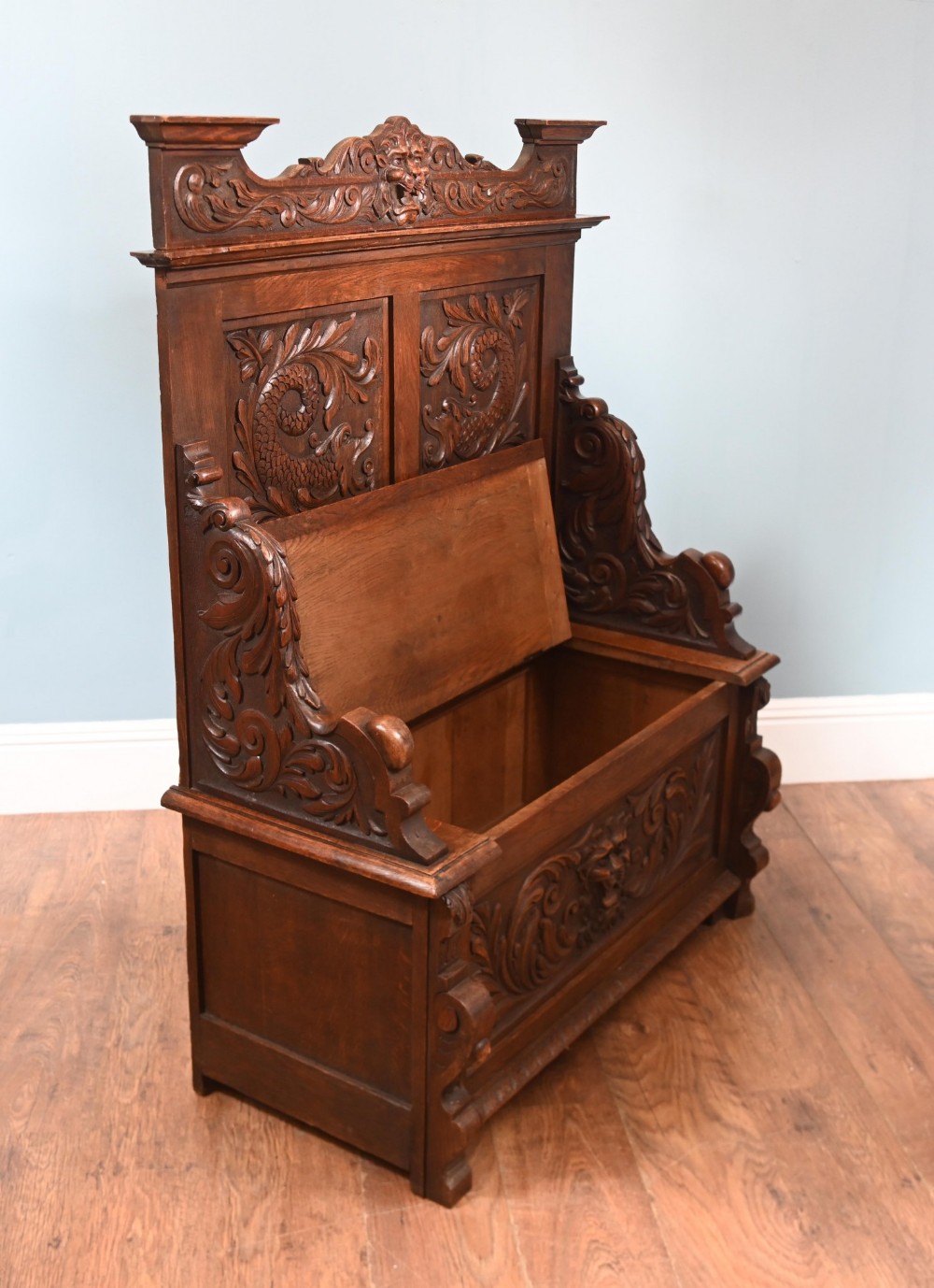 Victorian Oak Hall Bench Carved Settle