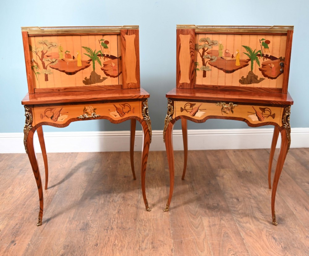 Pair French Side Cabinets Parisian Marquetry Inlay Ebeniste