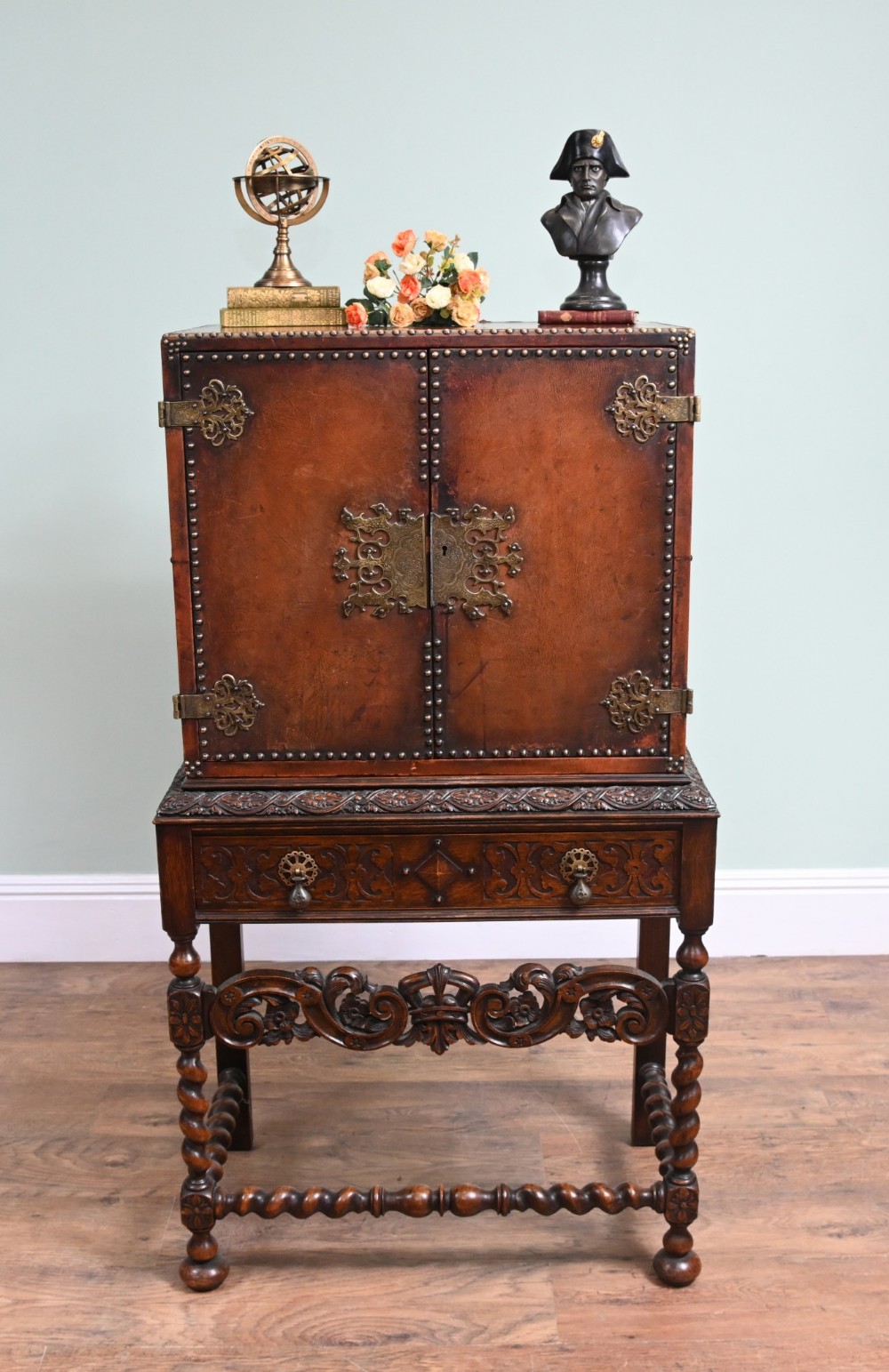 Jacobean Revival Chest on Stand Leather Cabinet 1880