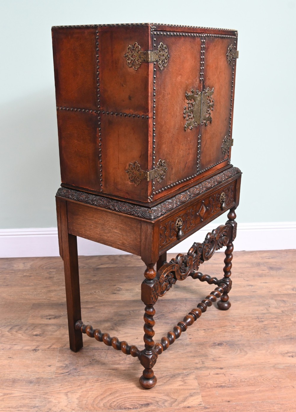 Jacobean Revival Chest on Stand Leather Cabinet 1880