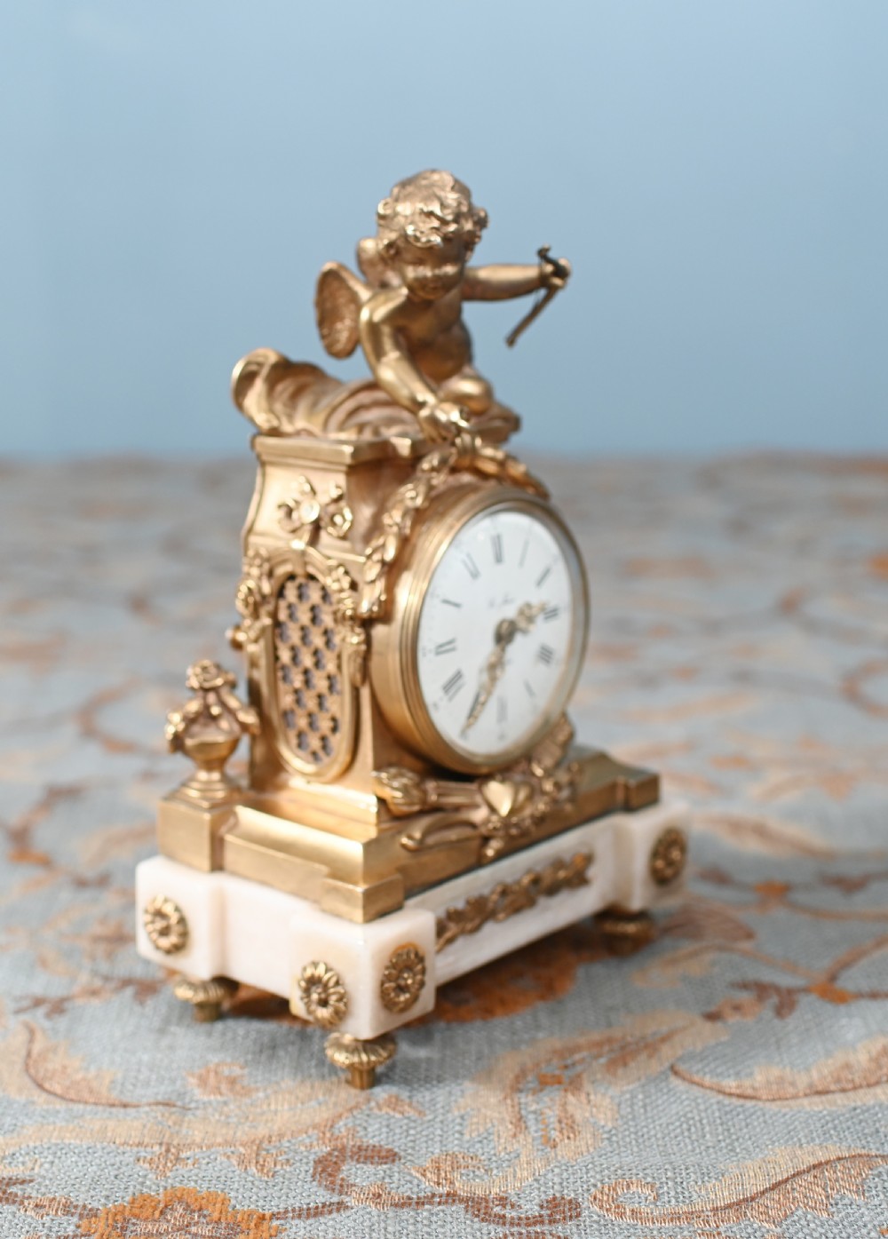 English Gilt Mantel Clock Cherub St James London 1880 View V
