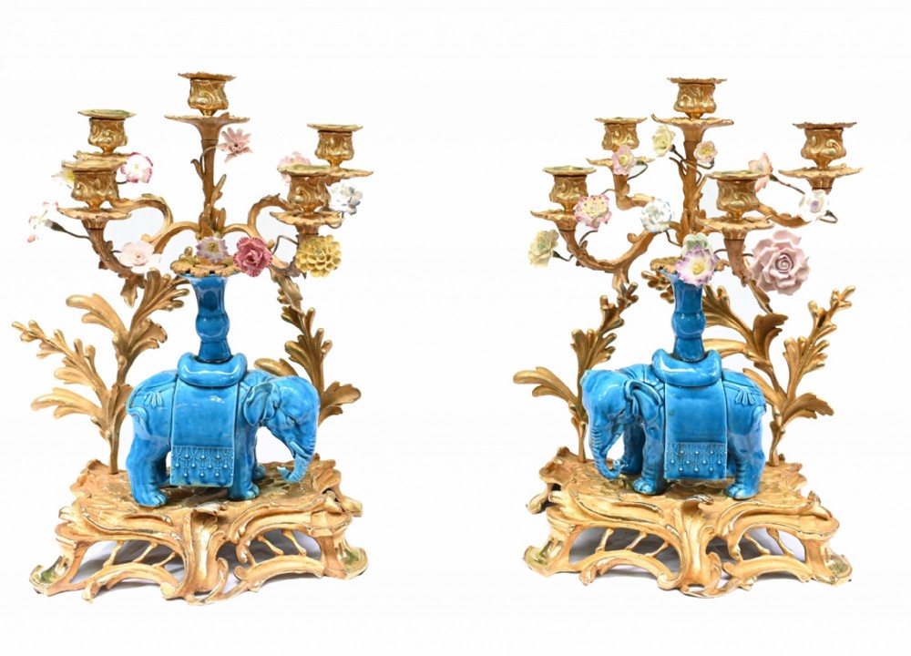 Pair Regency Porcelain Elephant Candelabras Gilt 1880