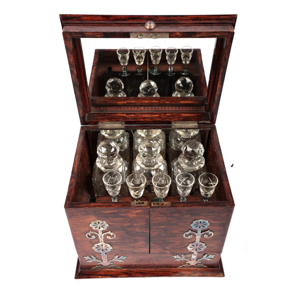 Victorian Tantalus Set Coromandel Mother of Pearl Whisky Drinks Chest View III