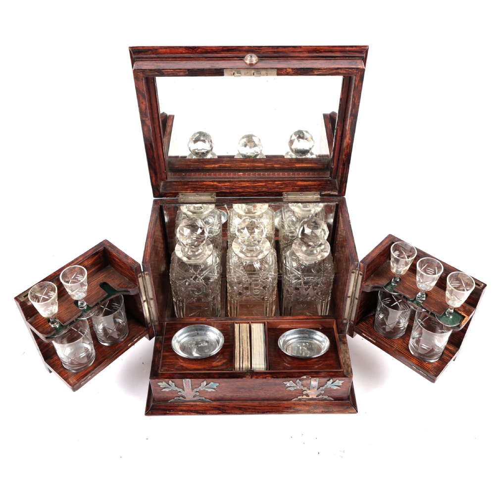 Victorian Tantalus Set Coromandel Mother of Pearl Whisky Drinks Chest View VI