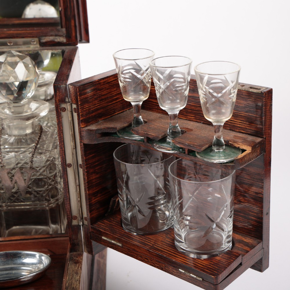 Victorian Tantalus Set Coromandel Mother of Pearl Whisky Drinks Chest View VII