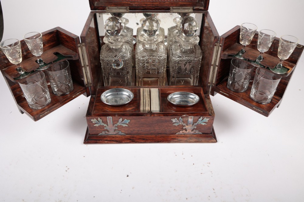 Victorian Tantalus Set Coromandel Mother of Pearl Whisky Drinks Chest View VIII