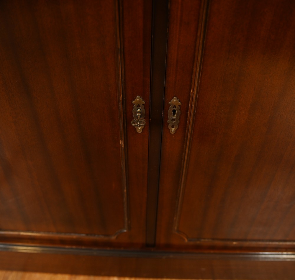 An early Victorian dark mahogany side cabinet featuring two panelled cupboard doors with brass keyhole escutcheons and a plinth base. View II