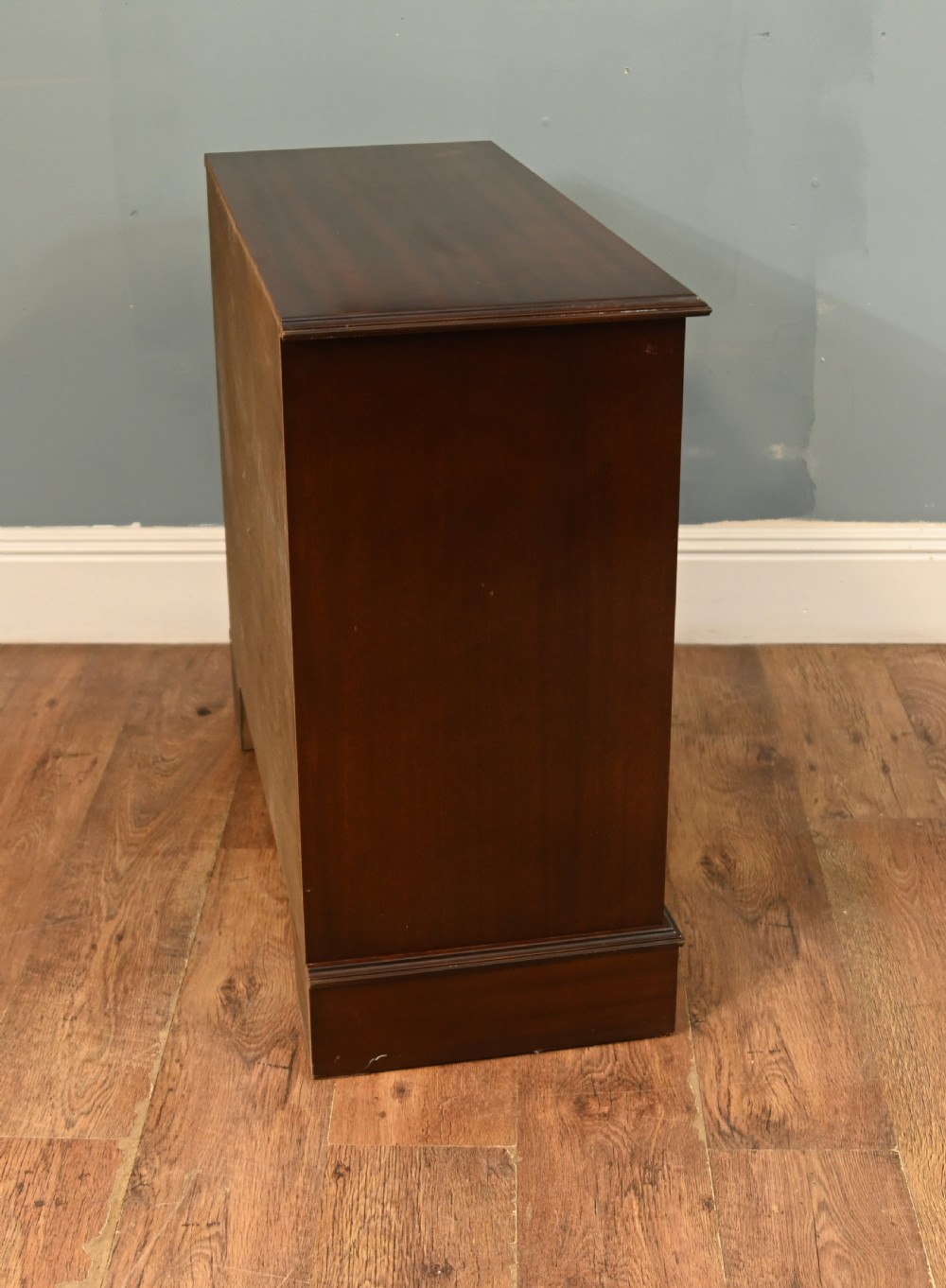 An early Victorian dark mahogany side cabinet featuring two panelled cupboard doors with brass keyhole escutcheons and a plinth base. View V