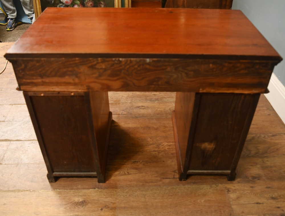 A Victorian mahogany campaign pedestal desk featuring flush brass handles, multiple drawers, and a polished timber surface. View IX