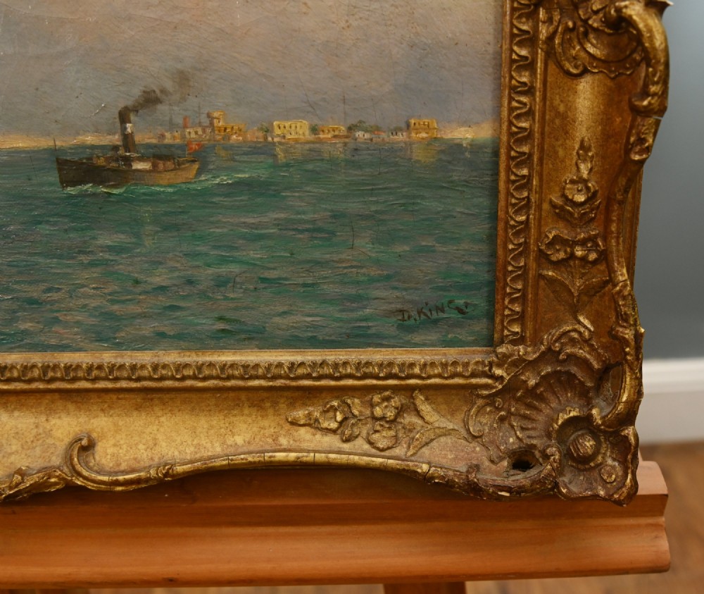 A Victorian oil painting depicting steamships near a shoreline, set in an ornate gilded frame. View II