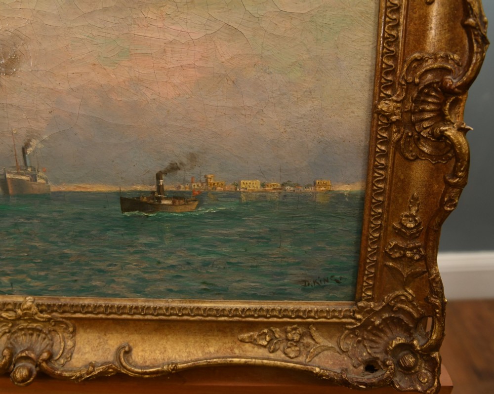A Victorian oil painting depicting steamships near a shoreline, set in an ornate gilded frame. View III