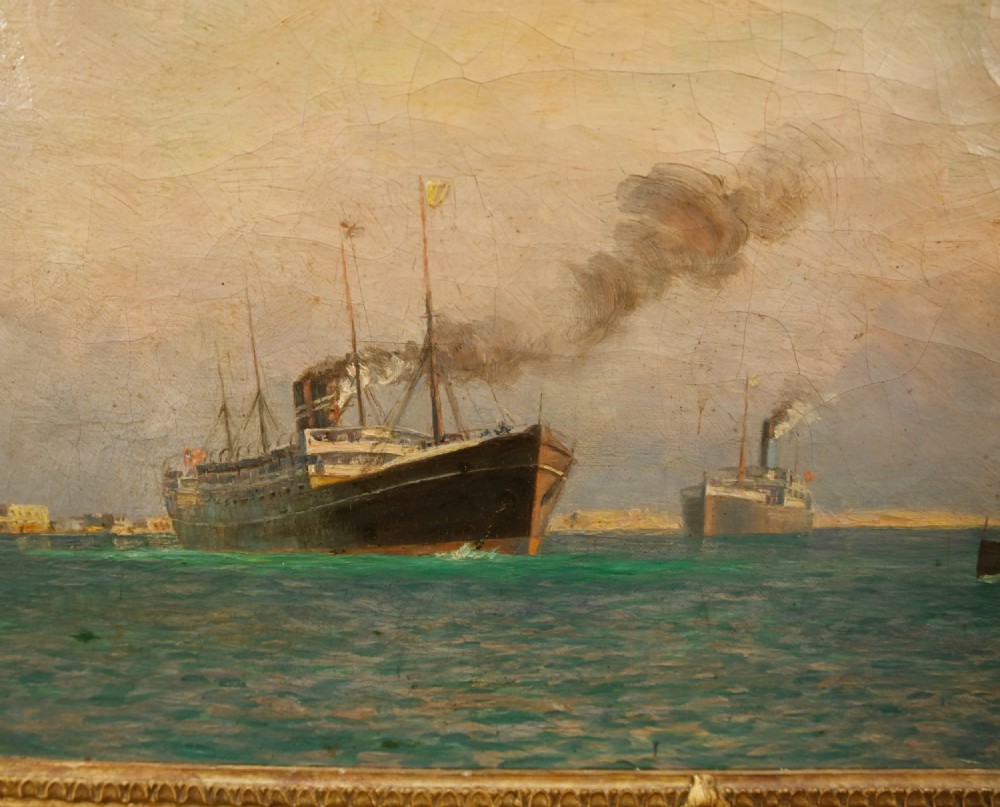 A Victorian oil painting depicting steamships near a shoreline, set in an ornate gilded frame. View IV