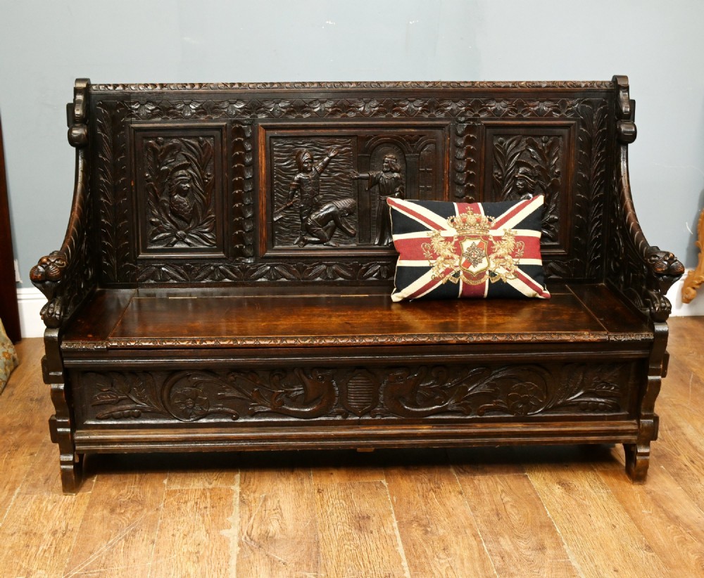 Renaissance Revival Carved Oak Hall Settle Monks Bench 1800