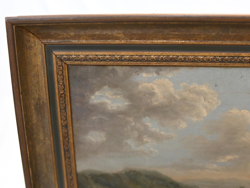 A Victorian oil painting depicting cattle near a stream in a pastoral landscape with hills and castle ruins, housed within a gilt and dark wooden frame. View III