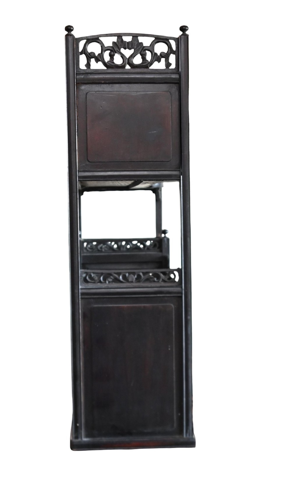 An antique ebonised Chinese display cabinet featuring asymmetrical shelves, pierced fretwork, and panels decorated with mother-of-pearl crane and botanical inlays. View XI