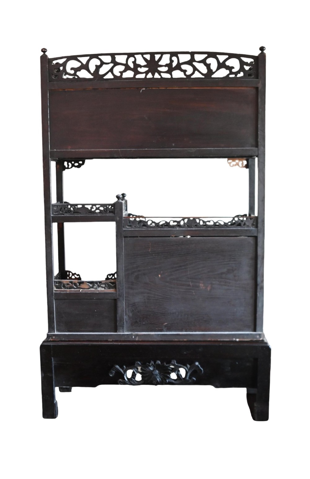 An antique ebonised Chinese display cabinet featuring asymmetrical shelves, pierced fretwork, and panels decorated with mother-of-pearl crane and botanical inlays. View XII