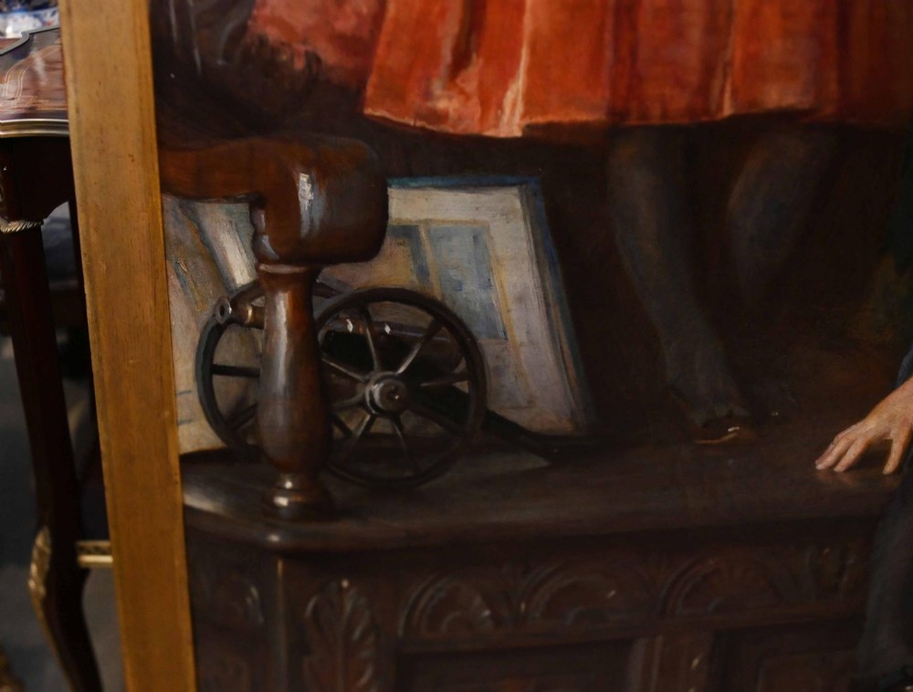 An 1887 Victorian oil portrait painting depicting two young children in period attire seated on a carved wooden bench within a gilt wood frame. View VII