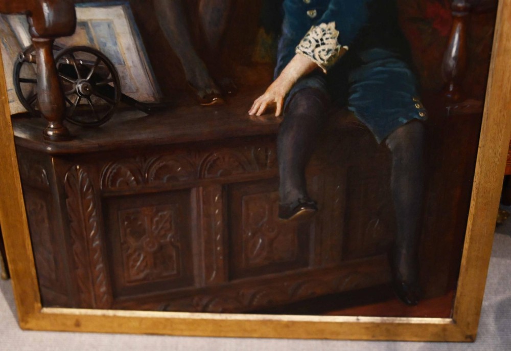 An 1887 Victorian oil portrait painting depicting two young children in period attire seated on a carved wooden bench within a gilt wood frame. View VIII