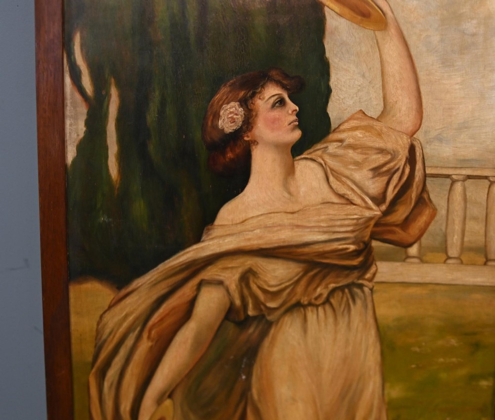 A Victorian three-panel mahogany folding screen featuring hand-painted figures in classical garments set against a garden background. View II