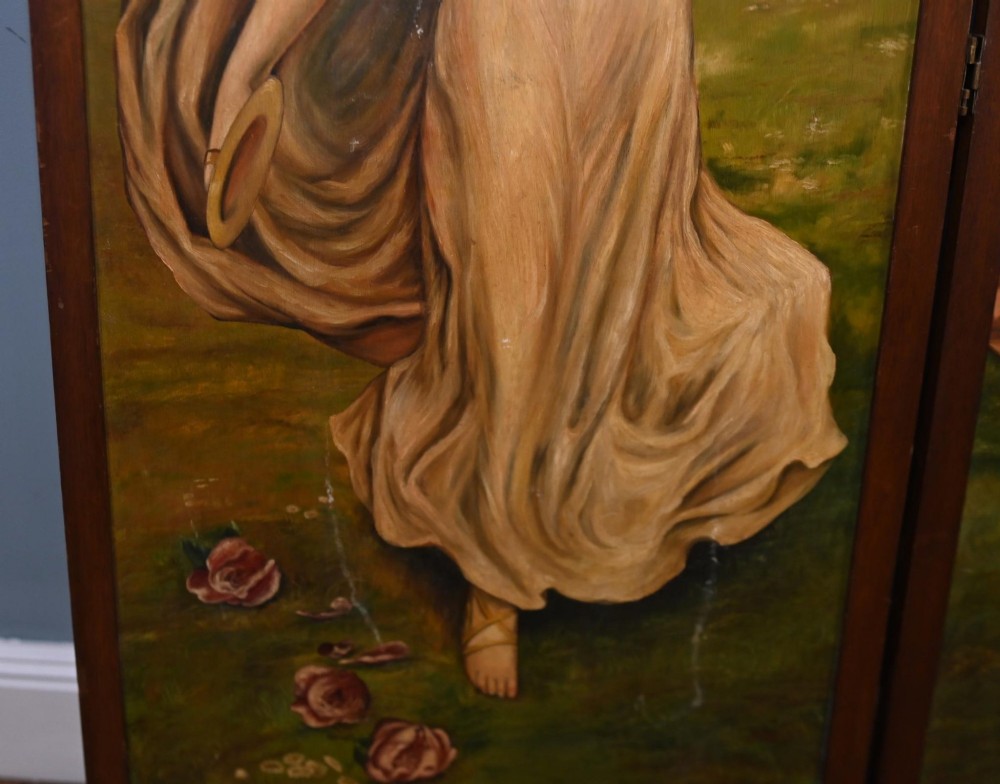 A Victorian three-panel mahogany folding screen featuring hand-painted figures in classical garments set against a garden background. View III