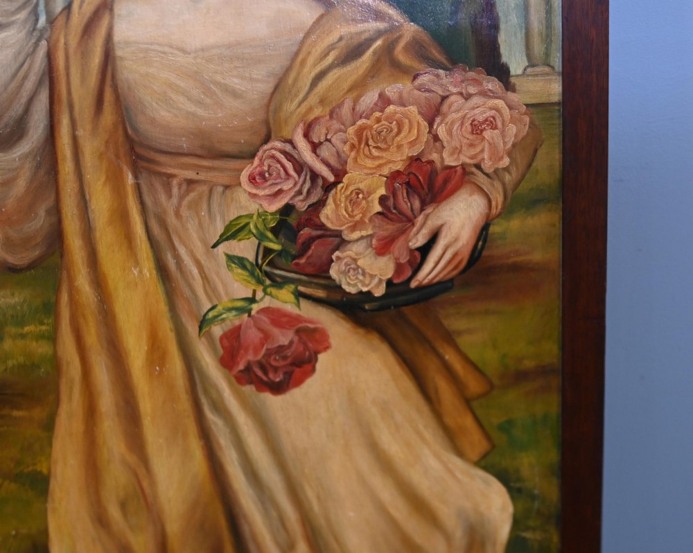 A Victorian three-panel mahogany folding screen featuring hand-painted figures in classical garments set against a garden background. View VII