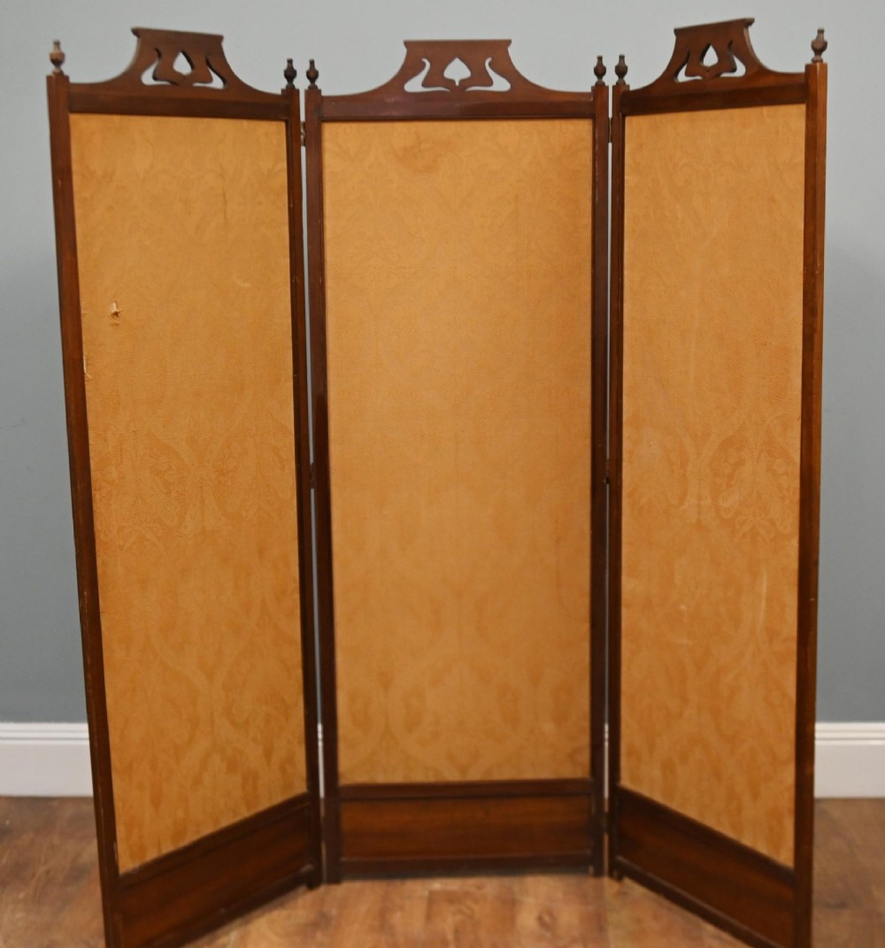 A Victorian three-panel mahogany folding screen featuring hand-painted figures in classical garments set against a garden background. View IX