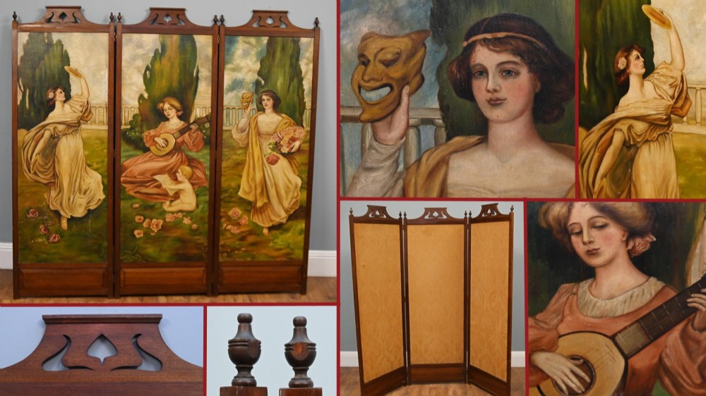 A Victorian three-panel mahogany folding screen featuring hand-painted figures in classical garments set against a garden background. View XII
