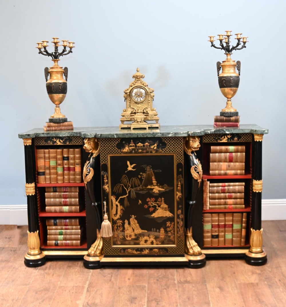 A Regency Revival side cabinet featuring a green marble top, a central black lacquer door decorated with gilded Chinoiserie artwork, and flanking open shelves with red interiors. View II