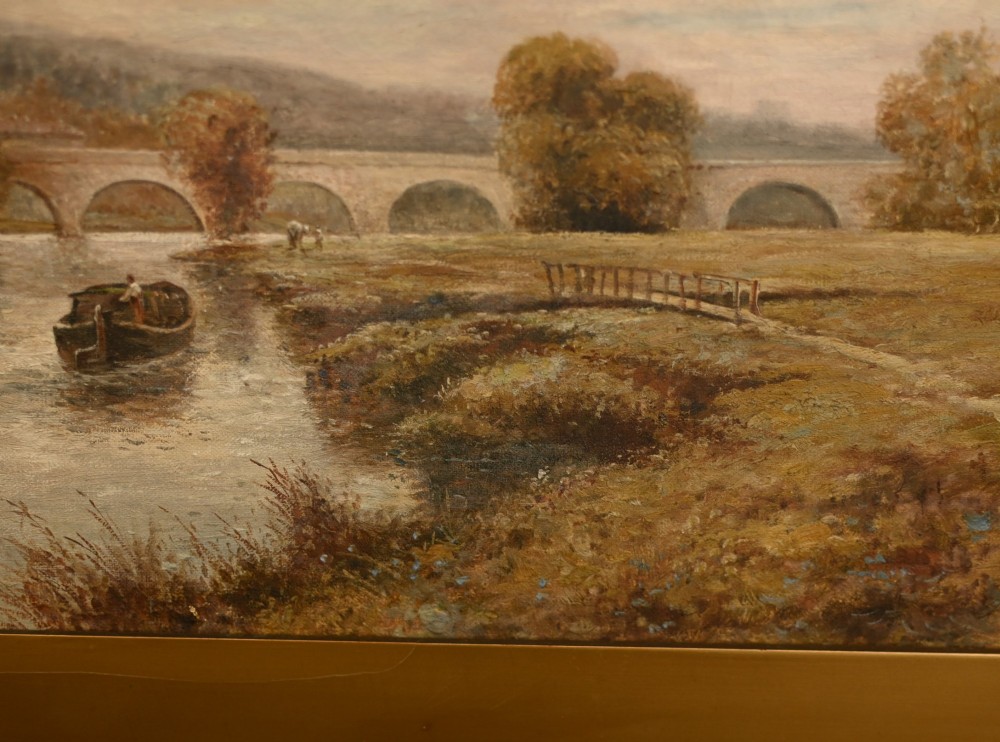 A Victorian oil painting depicting a peaceful scene along the River Thames with a distant stone bridge, presented in a wide gilt frame. View II