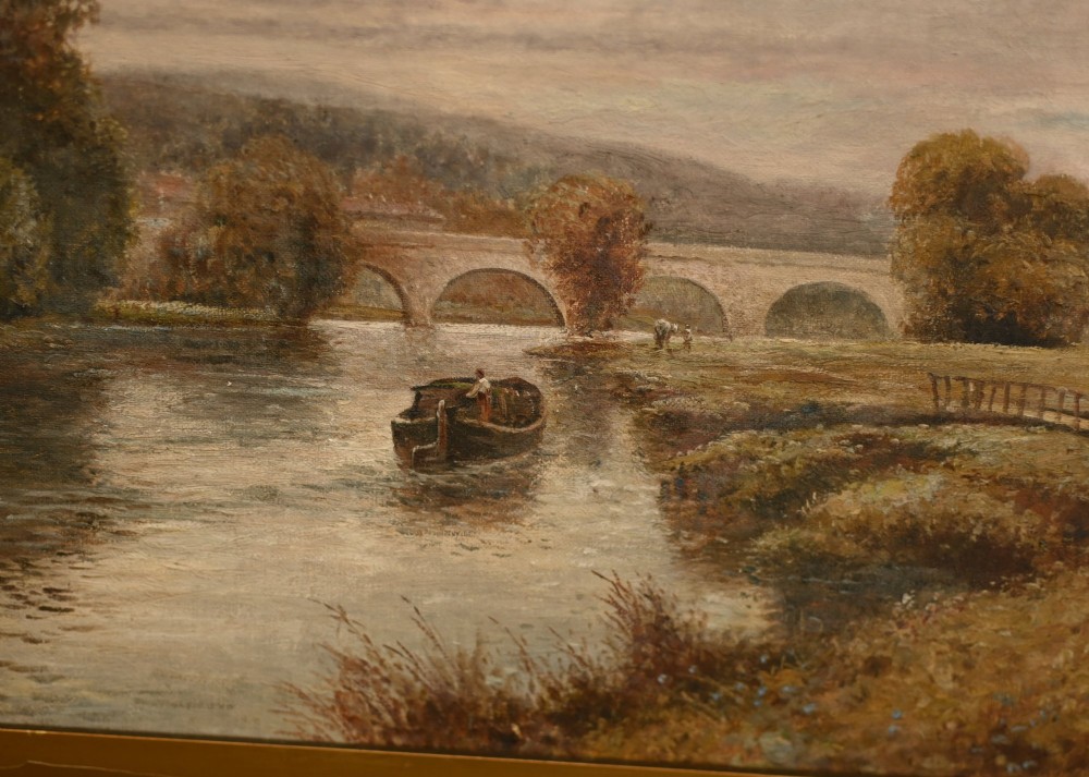 A Victorian oil painting depicting a peaceful scene along the River Thames with a distant stone bridge, presented in a wide gilt frame. View III