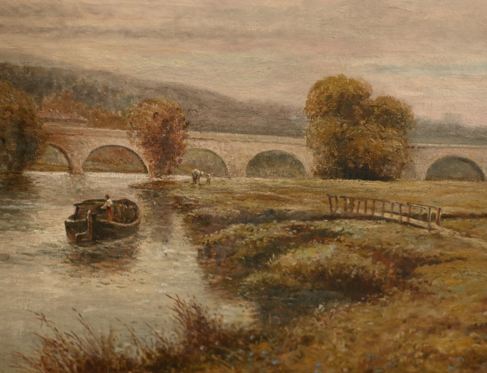 A Victorian oil painting depicting a peaceful scene along the River Thames with a distant stone bridge, presented in a wide gilt frame. View IV