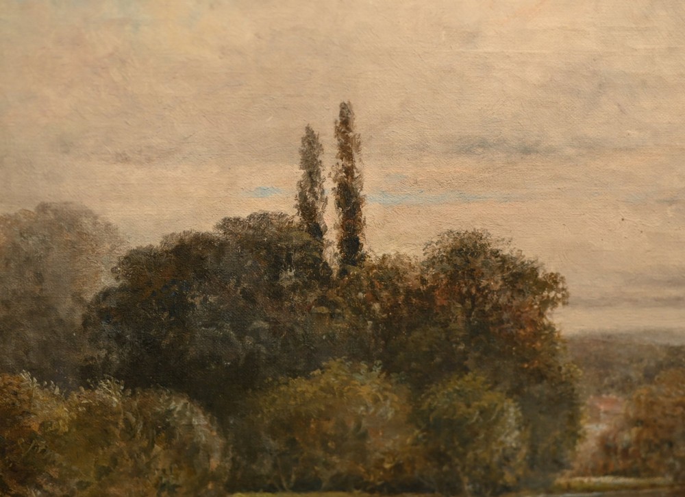 A Victorian oil painting depicting a peaceful scene along the River Thames with a distant stone bridge, presented in a wide gilt frame. View VI