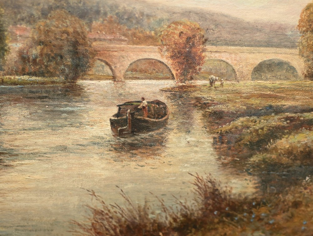 A Victorian oil painting depicting a peaceful scene along the River Thames with a distant stone bridge, presented in a wide gilt frame. View VII