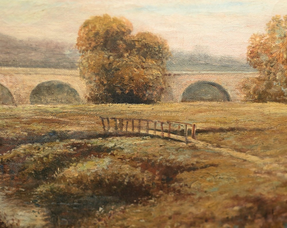A Victorian oil painting depicting a peaceful scene along the River Thames with a distant stone bridge, presented in a wide gilt frame. View VIII