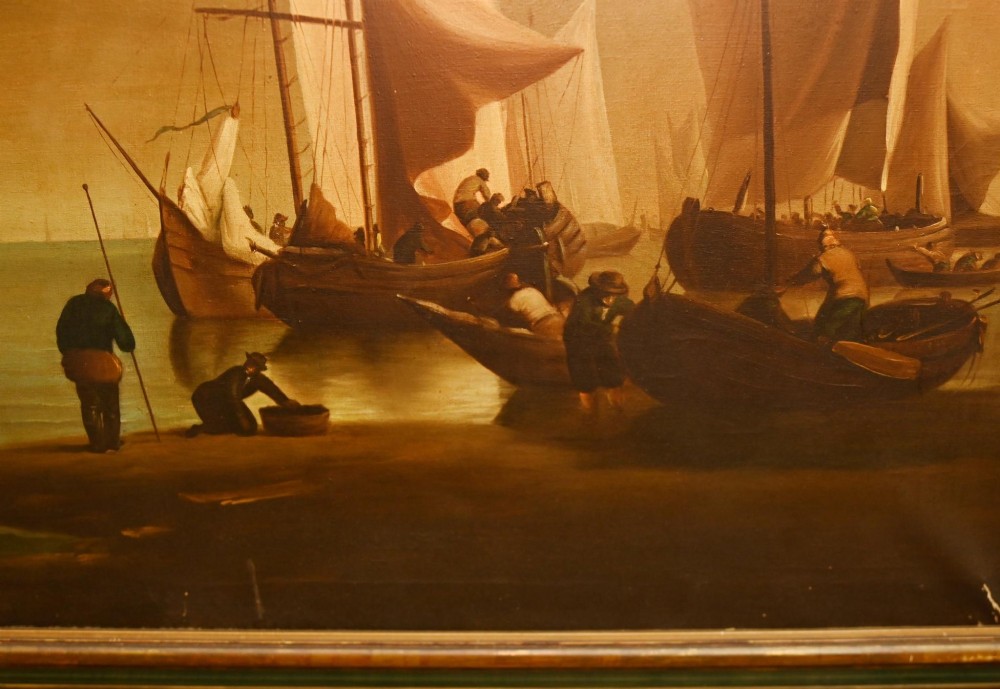 An antique Dutch maritime oil painting depicting sailing vessels resting in shallow coastal waters beneath a clouded sky. View III
