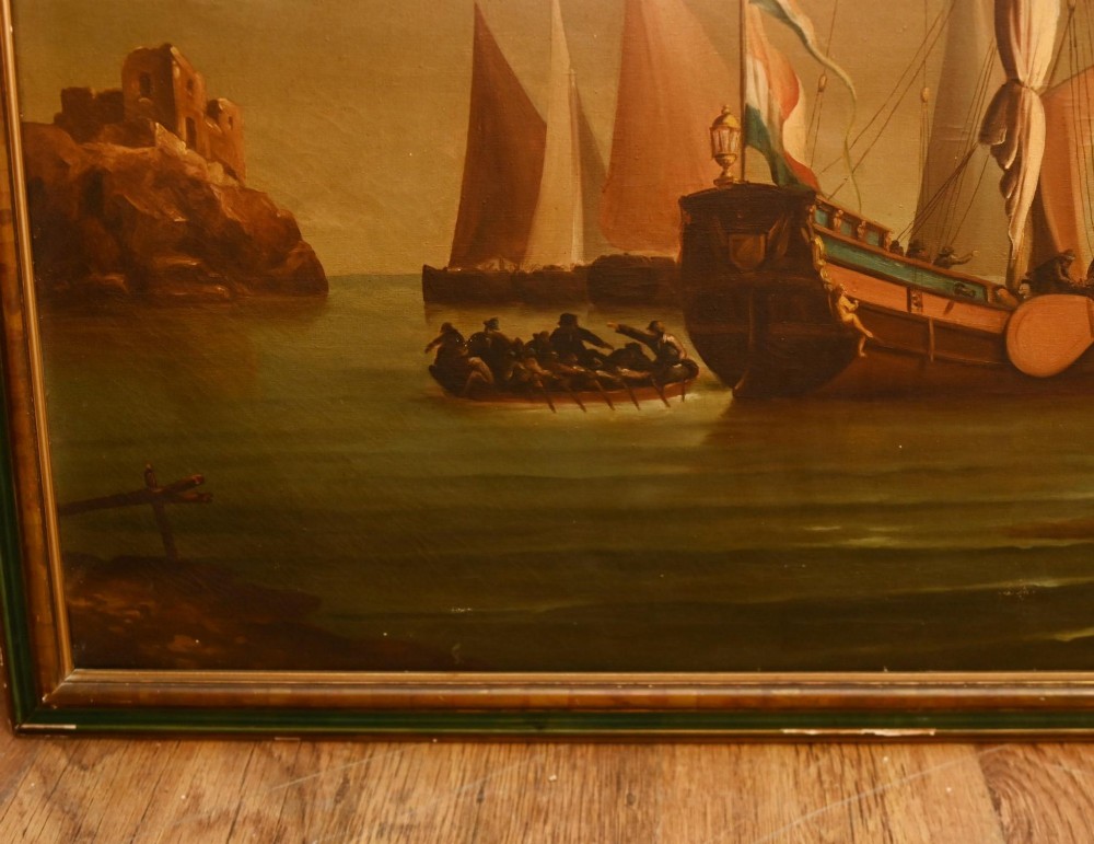 An antique Dutch maritime oil painting depicting sailing vessels resting in shallow coastal waters beneath a clouded sky. View V