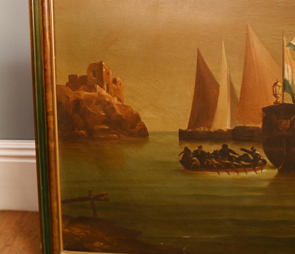 An antique Dutch maritime oil painting depicting sailing vessels resting in shallow coastal waters beneath a clouded sky. View VI