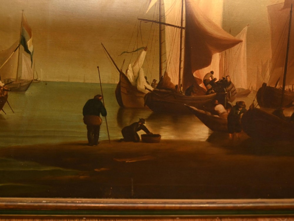 An antique Dutch maritime oil painting depicting sailing vessels resting in shallow coastal waters beneath a clouded sky. View VIII