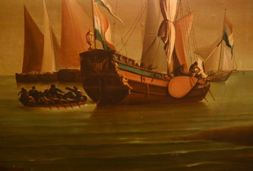 An antique Dutch maritime oil painting depicting sailing vessels resting in shallow coastal waters beneath a clouded sky. View IX
