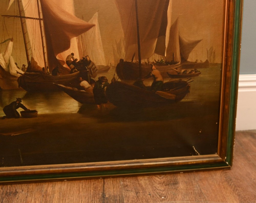 An antique Dutch maritime oil painting depicting sailing vessels resting in shallow coastal waters beneath a clouded sky. View X