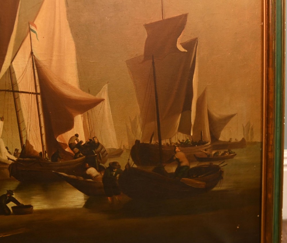 An antique Dutch maritime oil painting depicting sailing vessels resting in shallow coastal waters beneath a clouded sky. View XI