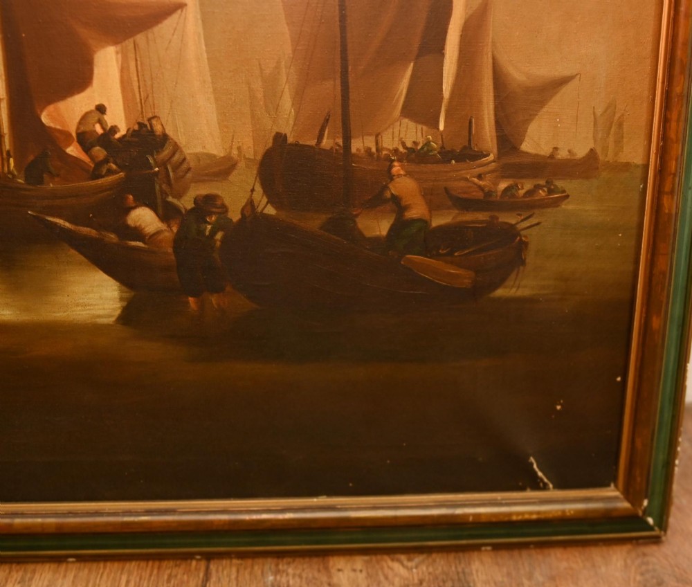 An antique Dutch maritime oil painting depicting sailing vessels resting in shallow coastal waters beneath a clouded sky. View XII